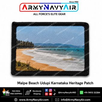 Malpe Beach Udupi Karnataka Heritage Patch featuring scenic coastal beach landscape artwork with black merrow border tourism souvenir velcro patch by ArmyNavyAir