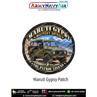 Round Maruti Gypsy Military Patrol Vehicle Patch showing an olive-green soft-top 4x4 jeep in rocky mountain terrain with The Patrol Legend lettering