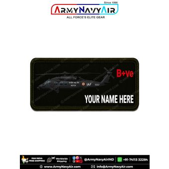 MBlack Hawk Personalized Flight Crew Name Plate featuring tactical Black Hawk style helicopter artwork with custom name, optional blood group, premium digital print on fabric with olive green merrow border for flight suits, uniforms, flying jackets, tacti