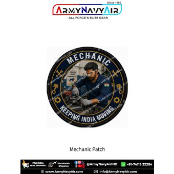 Round mechanic fabric patch featuring a professional automobile mechanic repairing an engine inside a workshop with wrench, piston and gear symbols, displaying the slogan Keeping India Moving and a premium black merrow border.