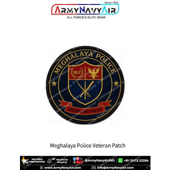 Meghalaya Police Veteran Patch featuring Meghalaya Police insignia in navy blue round veteran badge with gold lettering, shield centre and black merrow border