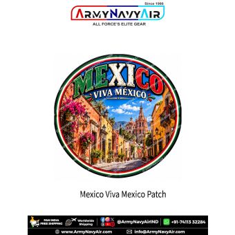 Viva México travel souvenir patch featuring a colourful Mexican street, historic architecture, flowers and church
