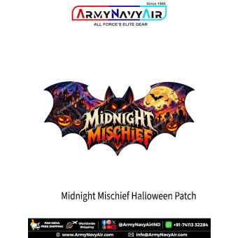 Midnight Mischief Halloween Bat Patch with a bat-shaped outline, glowing-eyed black bat, Gothic lettering, haunted castle, full moon, jack-o'-lanterns and spooky graveyard.