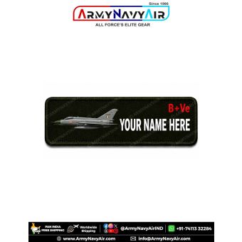 MiG Personalized Flight Crew Name Plate featuring MiG fighter aircraft artwork with custom name, optional blood group, premium digital print on fabric with olive green merrow border for flight suits, uniforms, flying jackets, tactical backpacks, and milit