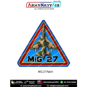 MiG-27 Flogger Fighter-Bomber Aircraft Patch featuring a top-down green and tan camouflage swing-wing jet with Indian Air Force-style roundels, blue triangular background, red and yellow borders and bold MiG 27 lettering