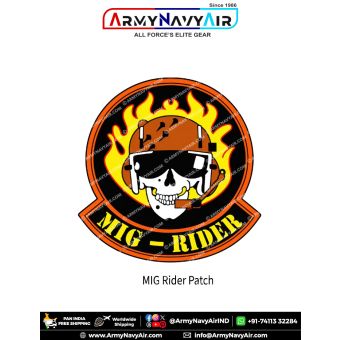 MiG Rider Flaming Skull Biker Patch featuring a white skull wearing a brown aviator helmet, black sunglasses and headset, surrounded by yellow flames with an orange border and curved MIG - RIDER lettering