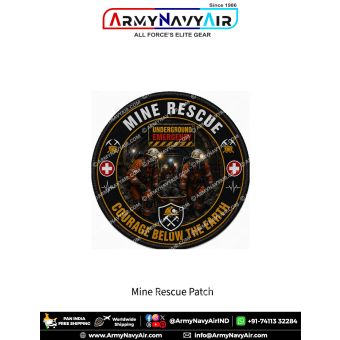 Round Mine Rescue fabric patch featuring an underground emergency rescue team carrying an injured miner through a tunnel while wearing breathing apparatus and protective equipment, surrounded by mining, medical and emergency symbols with the slogan Courag