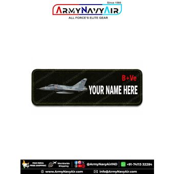 Mirage 2000 Personalized Flight Crew Name Plate featuring Indian Air Force Mirage 2000 fighter aircraft artwork with custom name, optional blood group, premium digital print on fabric with olive green merrow border for flight suits, uniforms, flying jacke