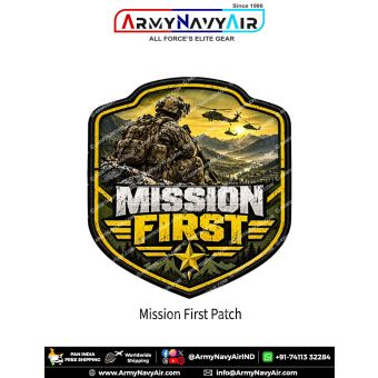 Mission First Military Tactical Morale Patch, shield-shaped black and gold fabric patch featuring a camouflage-clad soldier wearing a helmet and tactical backpack seated on rocky mountain terrain, holding a rifle and overlooking a forested mountain valley