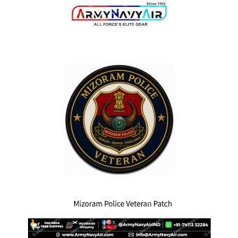 Mizoram Police Veteran Patch featuring Mizoram Police insignia in navy blue round veteran badge with gold lettering, traditional shield emblem and black merrow border