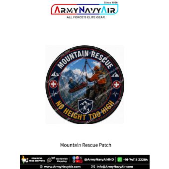 Round Mountain Rescue fabric patch featuring a professional rescuer performing a technical rope rescue of an injured climber on a steep mountain cliff with alpine peaks, rescue stretcher, mountain rescue emblem, medical symbols, heartbeat icons, and the s