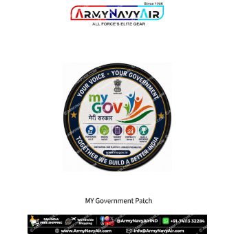 Premium round MyGov Citizen Participation fabric patch featuring the colourful MyGov Meri Sarkar logo, participation icons, the message Your Voice Your Government, Together We Build A Better India, and a durable black merrow border.