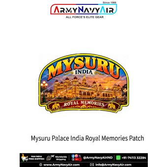 Mysuru Palace Royal Memories travel souvenir patch featuring illuminated Mysore Palace at sunset with golden architecture, royal elephant motifs and arch-shaped border