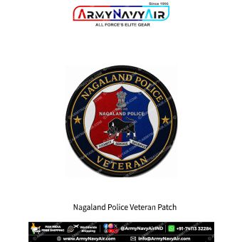 Nagaland Police Veteran Patch featuring Nagaland Police insignia in navy blue round veteran badge with gold lettering, buffalo shield emblem and black merrow border