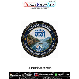 Premium round Namami Gange fabric patch featuring the official-inspired Namami Gange logo, the sacred River Ganga with historic ghats, bridge, conservation emblem, and the message Clean Ganga Green Ganga Our Ganga, finished with a durable black merrow bor