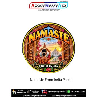 Round Namaste From India patch featuring a woman in traditional Indian attire greeting with folded hands, Taj Mahal at sunset, ornate archway, colourful elephants and lotus flowers