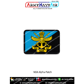 Premium National Defence Academy Alpha Squadron rectangular patch featuring the NDA crest on Alpha Squadron blue and black background with a black merrow border for uniforms, tactical gear and memorabilia.