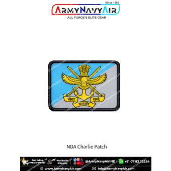 Premium rectangular NDA Charlie Squadron patch featuring the National Defence Academy crest on the official blue and white Charlie Squadron background with a black merrow border for uniforms, tactical gear, backpacks and military memorabilia.