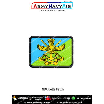 Premium rectangular NDA Delta Squadron patch featuring the National Defence Academy crest on the official blue, green and black Delta Squadron colour background with a black merrow border for uniforms, tactical gear, backpacks and military memorabilia.