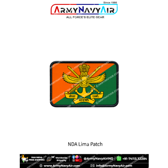 NDA Lima Squadron rectangular patch featuring the National Defence Academy crest on an orange and green diagonal background with a premium black merrow border.