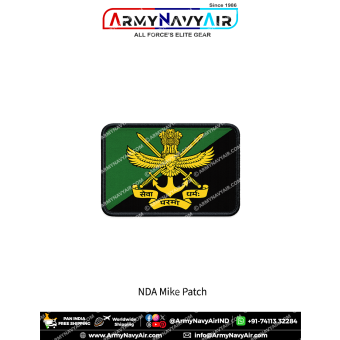 Rectangular NDA Mike Squadron patch featuring the National Defence Academy crest on a green and black diagonal background with a premium black merrow border.