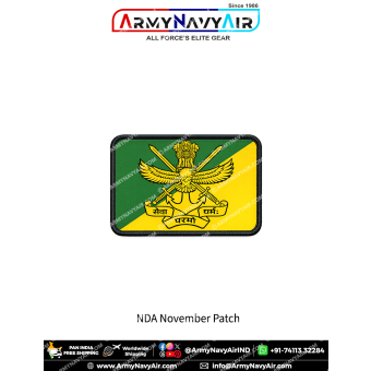 Rectangular NDA November Squadron patch featuring the National Defence Academy crest on a green and yellow diagonal background with a premium black merrow border.