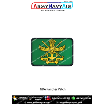 Rectangular NDA Panther Squadron patch featuring the National Defence Academy crest on a solid green background with a premium black merrow border.
