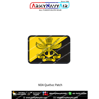 Rectangular NDA Quebec Squadron patch featuring the National Defence Academy crest on a yellow and black background with a premium black merrow border.