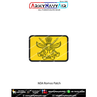 Rectangular NDA Romeo Squadron patch featuring the National Defence Academy crest on a yellow squadron background with a premium black merrow border.