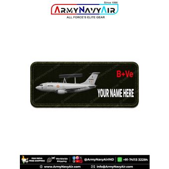 Netra AEW&C Personalized Flight Crew Name Plate featuring Indian Air Force Netra airborne early warning and control aircraft artwork with custom name, optional blood group, premium digital print on fabric with olive green merrow border for flight suits, u