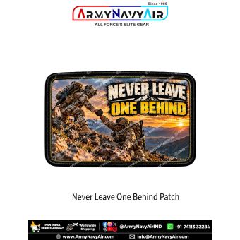 Never Leave One Behind military brotherhood rectangular patch featuring two soldiers helping each other on a rocky mountain slope at sunset