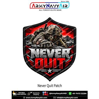 Never Quit Soldier Motivation Patch in a shield shape featuring a camouflage-clad soldier climbing over rocky mountain terrain, dramatic red sky, distressed silver NEVER lettering and bold red QUIT lettering, with black background accents and a thick blac