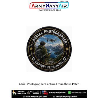 Aerial Photographer Capture From Above Patch featuring drone photographer controlling UAV over mountains, lake, forest and sky with black merrow border