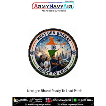 Next Gen Bharat Ready To Lead Patch featuring young Indians, India map, rocket launch, drone, satellite, bullet train, futuristic skyline and black merrow border