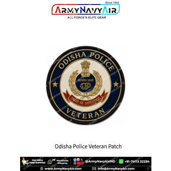Odisha Police Veteran Patch featuring Odisha Police insignia in navy blue round veteran badge with gold lettering, wreath emblem centre and black merrow border