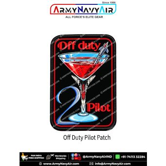 Off Duty 2 Pilot aviation humour patch featuring a red cocktail in a martini glass, fighter jet stirrer, blue number 2 and black merrow border