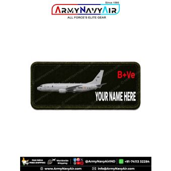 P-8I Poseidon Personalized Flight Crew Name Plate featuring Indian Navy P-8I Poseidon maritime patrol aircraft artwork with custom name, optional blood group, premium digital print on fabric with olive green merrow border for flight suits, naval uniforms,