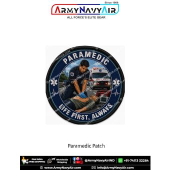 Premium round Paramedic fabric patch featuring an emergency medical responder performing CPR on a patient beside an ambulance with emergency medical equipment, ECG heartbeat symbols, Star of Life emblems, the slogan Life First, Always, and a durable black
