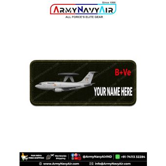 Phalcon AWACS Personalized Flight Crew Name Plate featuring Indian Air Force Phalcon airborne warning and control system aircraft artwork with custom name, optional blood group, premium digital print on fabric with olive green merrow border for flight sui
