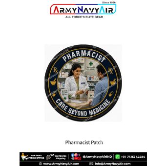Premium round Pharmacist fabric patch featuring a professional pharmacist providing medication and healthcare guidance to a patient inside a modern pharmacy surrounded by pharmacy symbols, medicine shelves, healthcare signage, and the slogan Care Beyond M