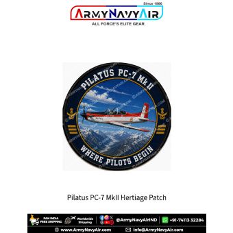 Pilatus PC-7 Mk II Basic Trainer Aircraft Heritage Patch featuring the Indian Air Force trainer aircraft flying above the Himalayas with the slogan "Where Pilots Begin." Premium round aviation fabric patch for Air Force personnel, flying instructors, cade