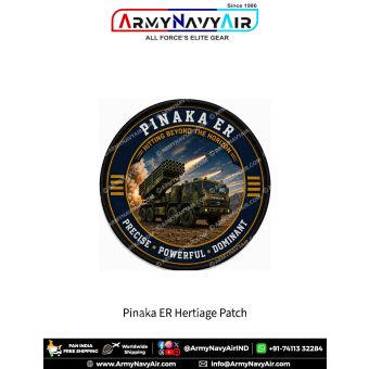 Pinaka ER Multi Barrel Rocket Launcher Heritage Patch featuring the extended range rocket artillery system launching rockets with the slogan "Hitting Beyond the Horizon" and morale "Precise Powerful Dominant" in a premium military collector patch design.
