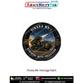 Pinaka Mk-I Multi Barrel Rocket Launcher Heritage Patch featuring rockets being launched with the slogan "Striking with Precision" and morale "Fast Accurate Devastating" in a premium military collector patch design.