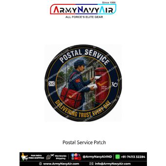 Premium round Postal Service fabric patch featuring a professional India Post postman posting letters into a traditional red India Post letterbox while carrying an official mailbag in the rain, surrounded by postal service symbols including an envelope an