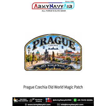 Prague Czechia Old World Magic travel souvenir patch with Charles Bridge, Prague Castle and historic city skyline