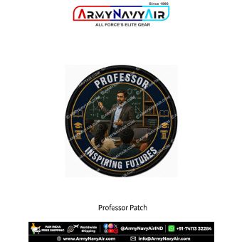 Premium round Professor fabric patch featuring a university professor teaching mathematics and science concepts to students in a classroom, surrounded by education-themed symbols including books, graduation caps, and academic columns, finished with a dura