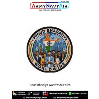 Proud Bhartiya Worldwide Patch featuring India map with Ashoka Chakra, global landmarks, Indian diaspora group, patriotic artwork and black merrow border