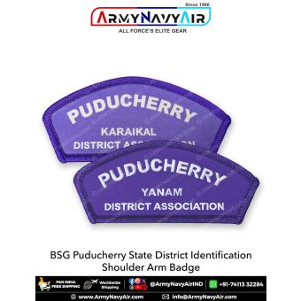 BSG Puducherry District Shoulder Badge with purple merrow border featuring Karaikal, Mahe, Puducherry and Yanam district association identification design available in digital printed and machine embroidery variants for Bharat Scouts and Guides uniforms