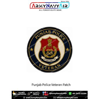 Punjab Police Veteran Patch featuring Punjab Police insignia in navy blue round veteran badge with gold lettering, red shield centre and black merrow border