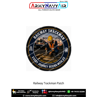 Railway Trackman Every Journey Begins With Us premium digital print fabric patch featuring a railway maintenance worker inspecting railway tracks beside an approaching train with a premium black merrow border.
